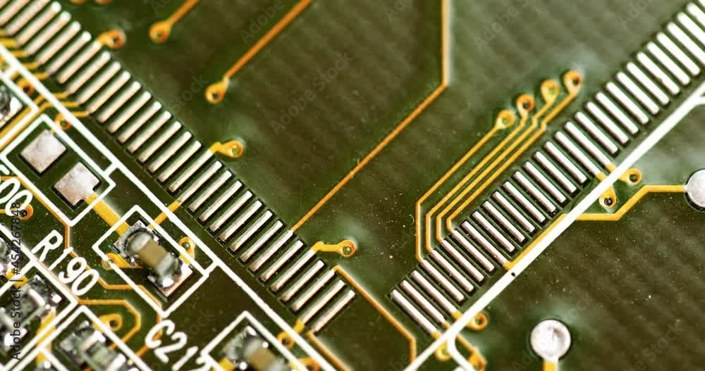 Poster assembly detail of a green circuit board. macro