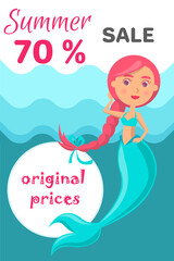 Summer sale with mermaid at sea. Advertising banner with underwater life of sea creature. Nixie on background of ocean with waves and sand with starfish. Seasonal closeout poster, discounts, hot price