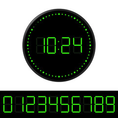 Black round digital clock with green numbers. LED scale. Set of numbers from 0 to 9. Vector illustration.