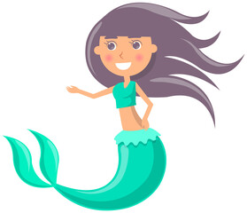 Beautiful mermaid on white background. Girl with fish tail. Water nymph, cute nixie. Cartoon nautical character lives in ocean. Sea dweller, seamaid fairy woman. Underwater animal life