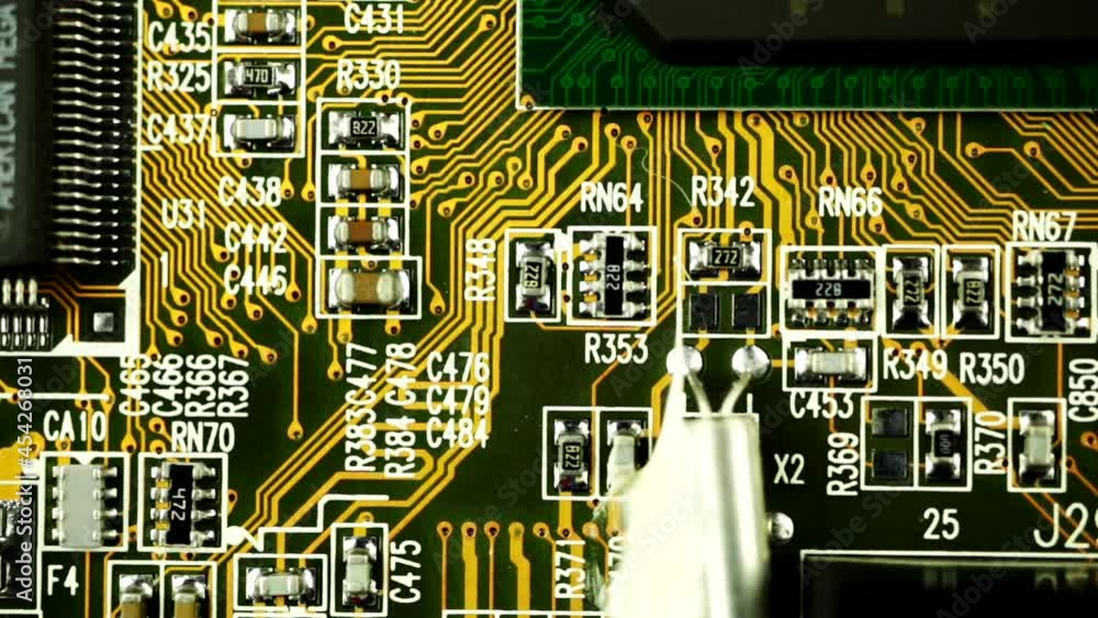 Poster green printed circuit board with processor and electronic components. close up, slider right