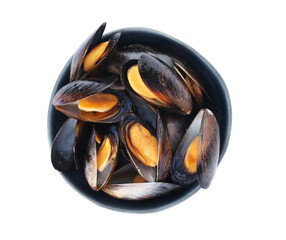 Bowl with raw mussels on white background