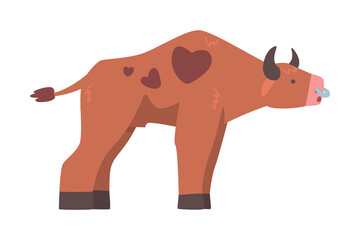 Brown Spotted Bull with Horns and Ring in the Nose in Standing Pose Vector Illustration