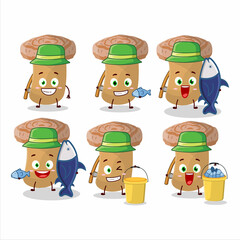 A fisherman woolly milkcap cartoon picture catch a big fish