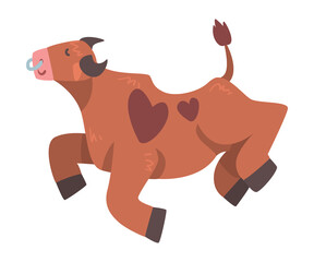 Brown Spotted Bull with Horns and Ring in the Nose Jumping with Joy Vector Illustration