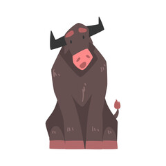 Black Horned Sitting Bull with Hoof and Muscular Neck Vector Illustration