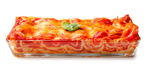 Baking dish with tasty tomato lasagna on white background