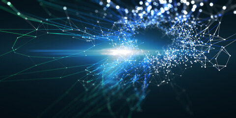 Abstract background with polygonal grid technology and lens effect . Quantum computing concept. Banner for business, science and technology. Big data. Analytics algorithms data.