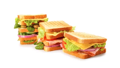 Zelfklevend Fotobehang Tasty sandwiches on white background © Pixel-Shot