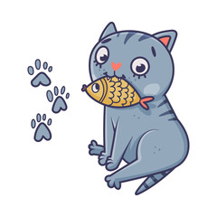 Obraz premium Funny Blue Cat with Striped Tail Sitting with Fish in Its Mouth Vector Illustration