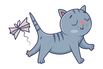 Funny Blue Cat with Striped Tail Playing Vector Illustration