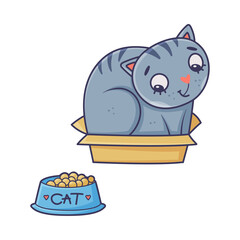 Funny Blue Cat with Striped Tail Sitting in Cardboard Box Looking at Feed Bowl Vector Illustration