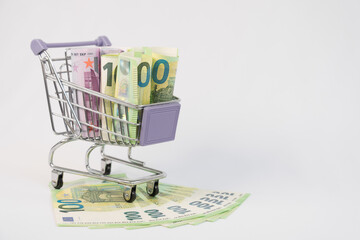 The shopping basket contains EU banknotes. The concept of selling, buying currency. Consumer basket. Saving. Trading on the stock exchange