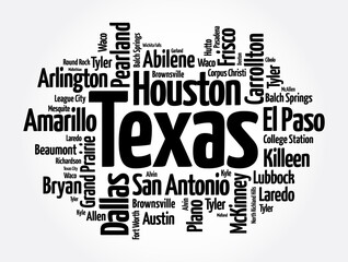 List of cities in Texas USA state word cloud, concept background