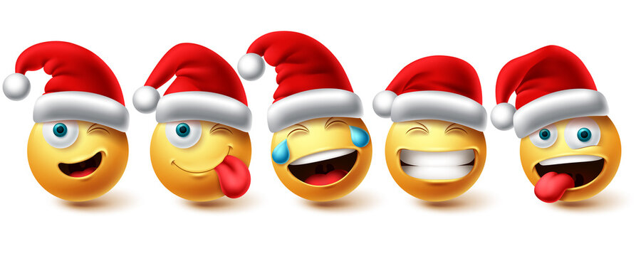 Naklejki Christmas smiley emoji vector set. Emojis xmas characters wearing santa red hat icon collection isolated in white background for graphic design elements. Vector illustration.