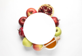 Symbols of Rosh hashanah (Jewish New Year) and empty card on white background