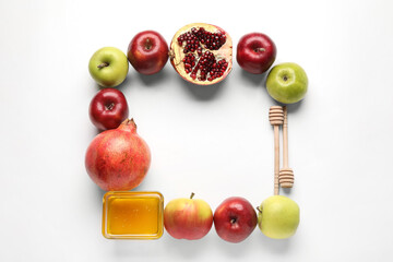 Frame made of symbols of Rosh hashanah (Jewish New Year) on white background