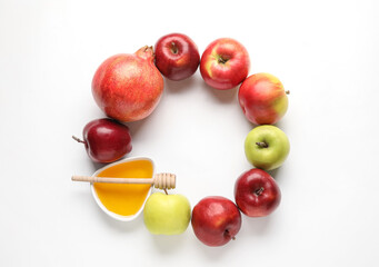 Frame made of symbols of Rosh hashanah (Jewish New Year) on white background