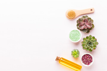 Spa background with handmade bio cosmetic and  cactus composition, flat lay, space for a text - Image.