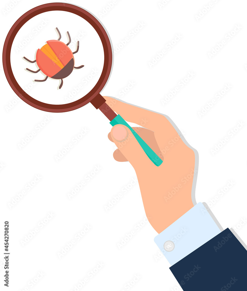 Poster computer bug in magnifying glass in human hand. sign for mobile concept and web design. software vir