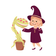 Happy Girl Witch in Purple Dress and Pointed Hat Touching Toothy Plant in Pot Practising Witchcraft and Doing Magic Vector Illustration