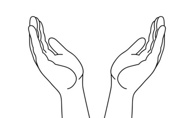 Two hands hold, protect, set free, give, share, let go. Hand drawn open palm to the sky, sketch vector