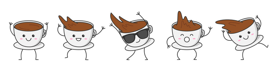 Cup of coffee set character cartoon dancing smiling face happy sweet emotions moves coffee drink vector illustration.