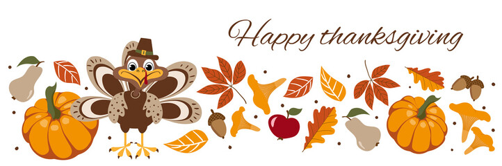 Happy Thanksgiving Day. Turkey, pumpkin and autumn leaves. Horizontal banner or border. Harvest Festival.