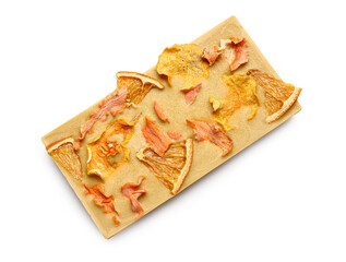 Handmade chocolate bar with fruits on white background