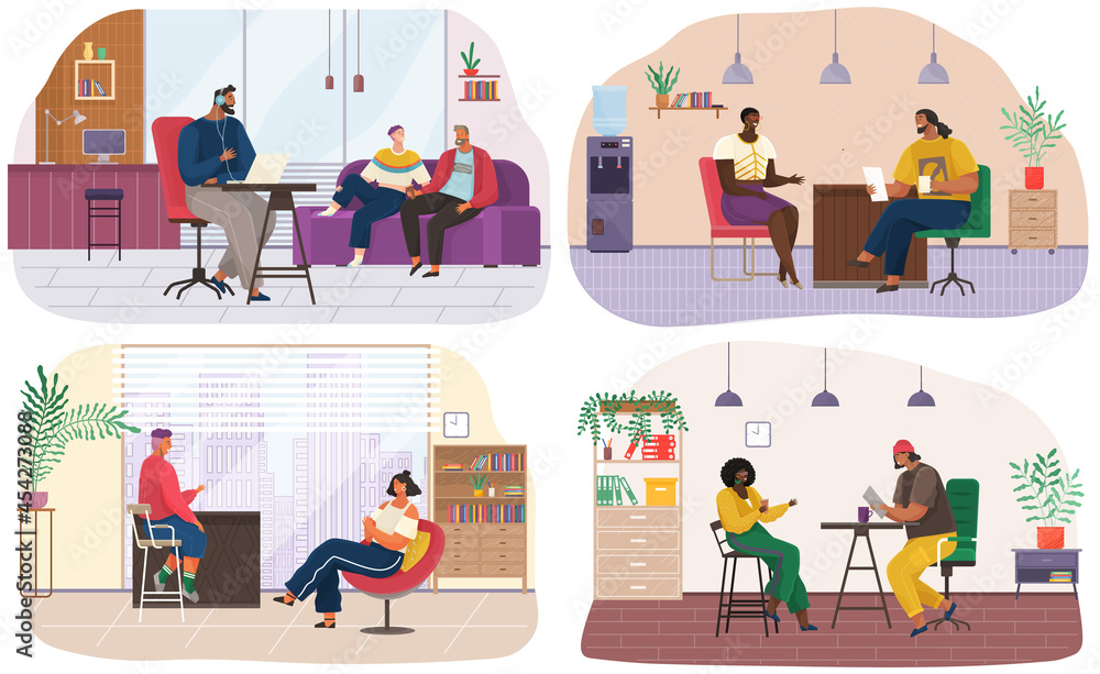 Poster set of illustrations about interviewing, live communication in studio. characters work at radio stat