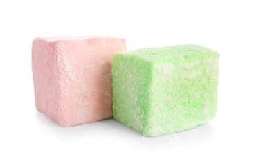 Tasty sweet marshmallows on white background