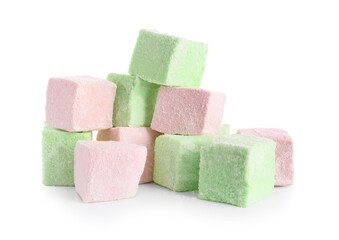Tasty sweet marshmallows on white background