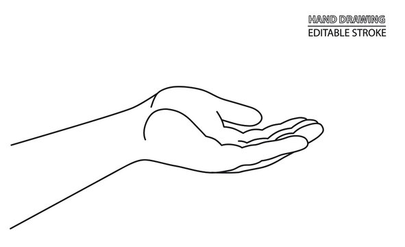 Hand drawn open hand sharing, begging, giving. Black and white vector design. One line hand sketch