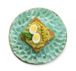 Tasty sandwich with guacamole and egg on white background