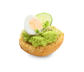 Tasty sandwich with guacamole, cucumber and egg on white background