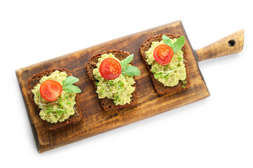 Tasty sandwiches with guacamole and tomato on white background