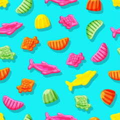 Jelly candies of fish and slices. Colored vitamins seamless pattern. Healthy sweets. Vector cartoon illustration