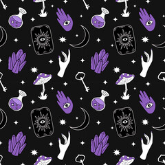 Sewing fabric with vector mad pattern on the theme of magic, mysticism ...