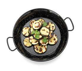 Frying pan with tasty grilled zucchini on white background