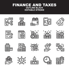 Finance and Taxes icons symbol set with outline black style. Contains such Icons as taxes, cut tax, budget, secure, banking, value and more. Editable stroke vector icon. Isolated on white background.
