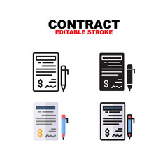 Contract icon symbol set of outline, solid, flat and filled outline style. Isolated on white background. Editable stroke vector icon.