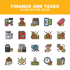 Finance and Taxes icons symbol set with filled outline color style. Contains such Icons as taxes, cut tax, finance, wallet, budget, book, secure, banking, value and more. Isolated on white background.
