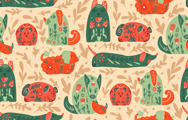 Seamless pattern with stylized dogs with folk patterns and natural decorations. Vector animalistic texture with various puppy with a tribal boho pattern. Wallpaper with herbal pattern