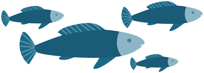 Underwater ocean fauna with big fishes. Ocean with marine life reprsentatives. Marine underwater world with tuna and salmon. Sea fish, tuna, salmon in water. Fish, sea food vector illustration