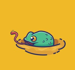 cute frog catching a bug at mud. cartoon animal nature concept Isolated illustration. Flat Style suitable for Sticker Icon Design Premium Logo vector. Mascot Character