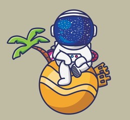 cute astronaut sitting on planet with sandcastl. cartoon travel holiday vacation summer concept Isolated illustration. Flat Style suitable for Sticker Icon Design Premium Logo vector. Mascot Character