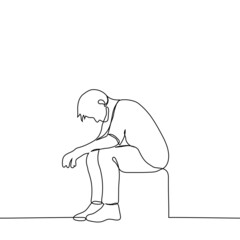 Obraz premium man sits with his head down - one line drawing. the concept of depression, sadness, sadness, creative burnout, crisis, mental problems, fatigue, frustration, grief,