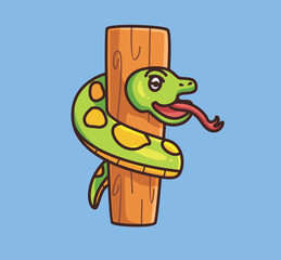 cute snake on tree trunk wood. cartoon animal nature concept Isolated illustration. Flat Style suitable for Sticker Icon Design Premium Logo vector. Mascot Character