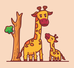 cute baby giraffe and his mom. cartoon animal nature concept Isolated illustration. Flat Style suitable for Sticker Icon Design Premium Logo vector. Mascot Character