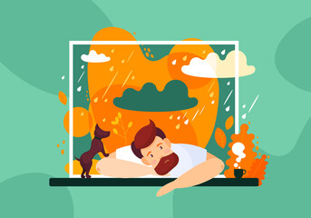Autumn days, rain outside the window. Apathy, depression, bad mood, melancholy. Meteorological dependence
